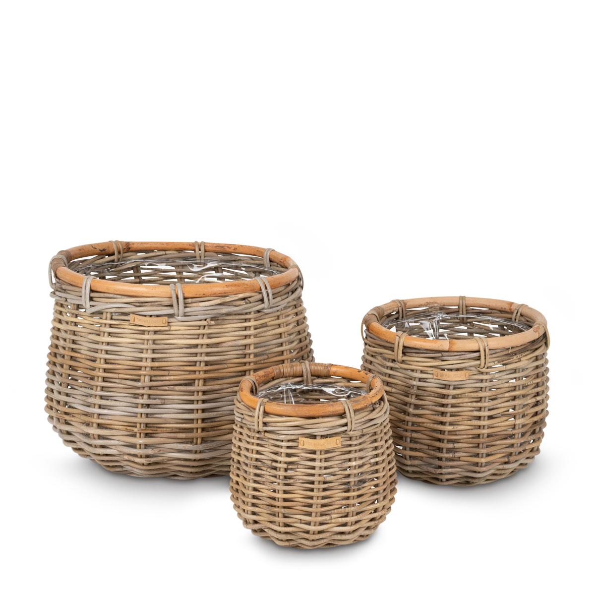 Rund Kurv m. kant af Rattan & Tyk plastik - sæt á 3 størrelser