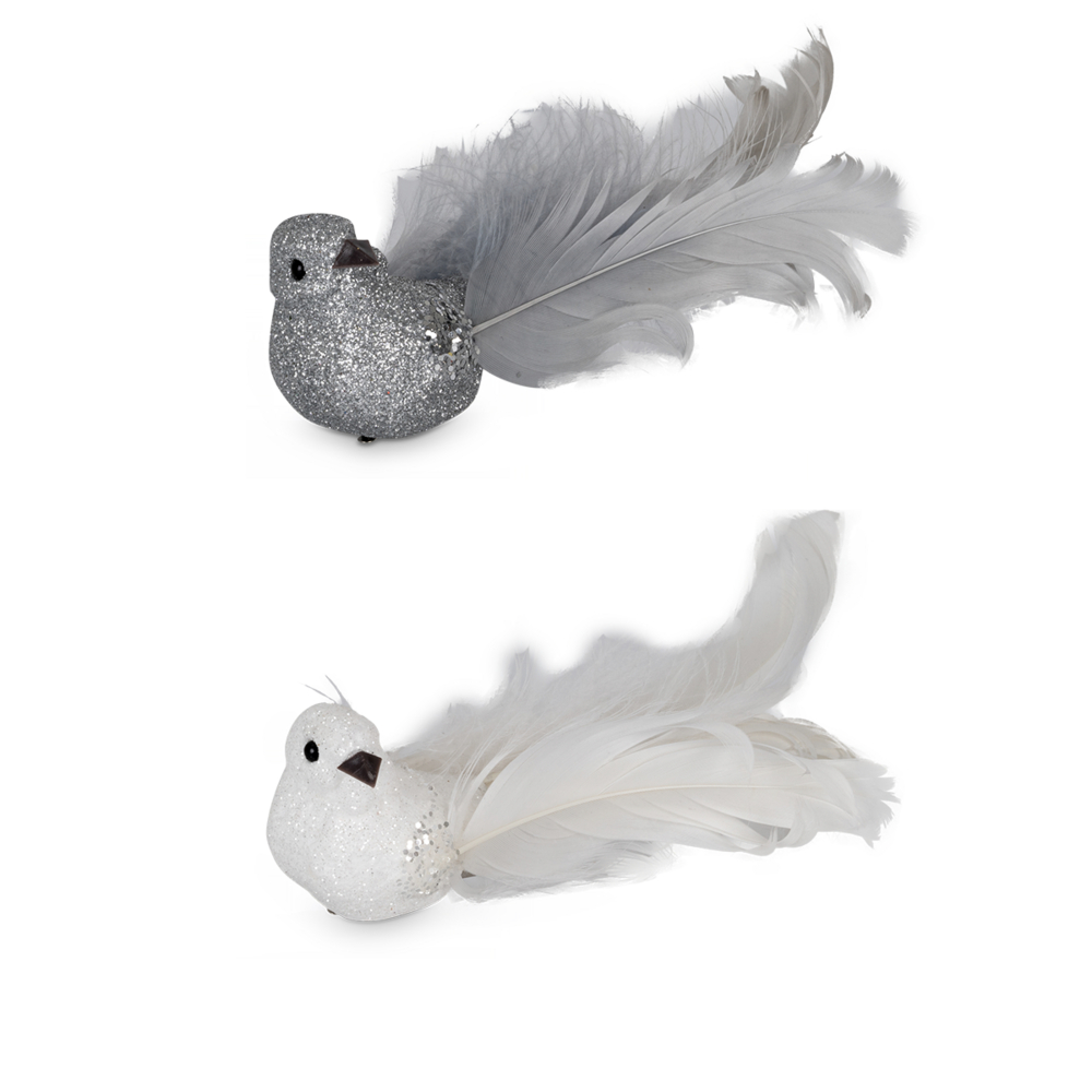 Se Hvide/Sølv Fugle 2 ass. L16.5 cm. hos Kurvemageren.dk